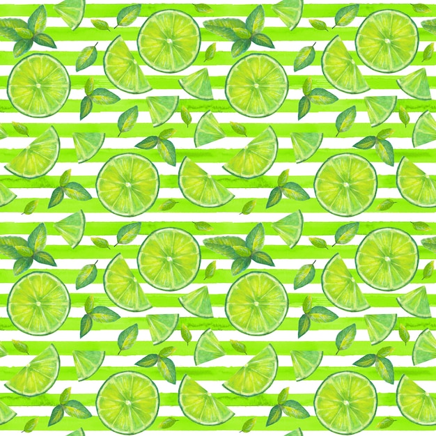 Tranches de citron vert et feuilles de menthe motif harmonieux sur fond de rayures jaunes vertes et blanches