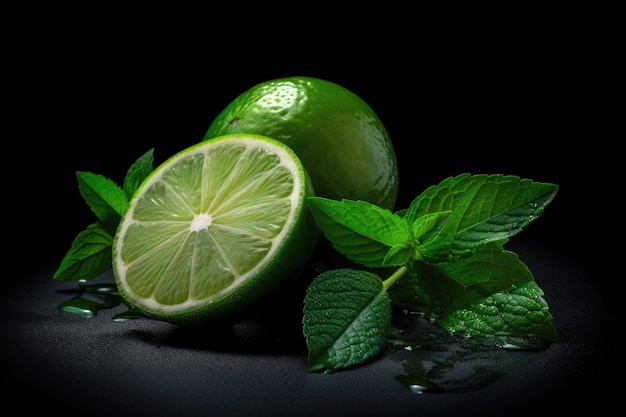 tranches de citron vert fraîches avec des feuilles de menthe IA générative