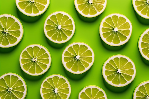 Tranches de citron vert à plat sur fond vert Generative AI