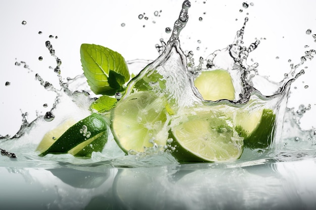 Tranches de citron vert tombant dans l'eau avec des éclaboussures et des feuilles de menthe sur fond blanc Generative AI