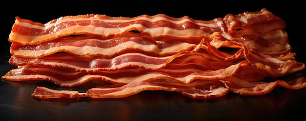 Photo tranches croustillantes de bacon cuit au four sur fond sombre ia générative