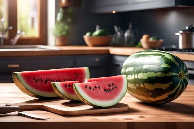 Photo des tranches entières de pastèque sur une planche de coupe en bois avec une cuisine floue en arrière-plan