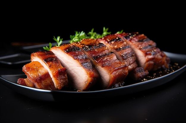 Tranches épaisses de poitrine de porc grillée sur une assiette noire élégante