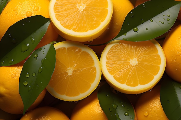 tranches et feuilles d'oranges sur fond jaune