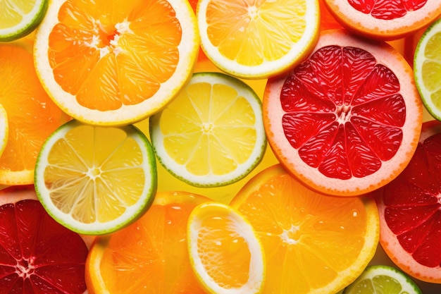 Tranches fraîches de différents types d'agrumes orange lime citron pamplemousse Generative AI