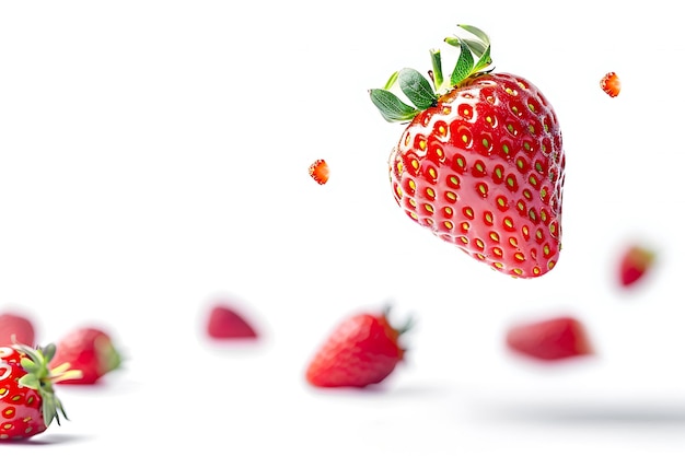 Des tranches de fraises fraîches de narutal tombant et flottant dans l'air isolées sur un fond blanc