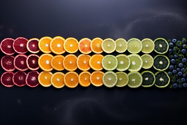 Des tranches de fruits colorés disposées artistiquement sur une surface texturée