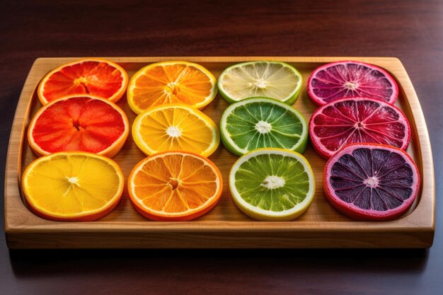 Des tranches de fruits colorés sur un plateau en bois