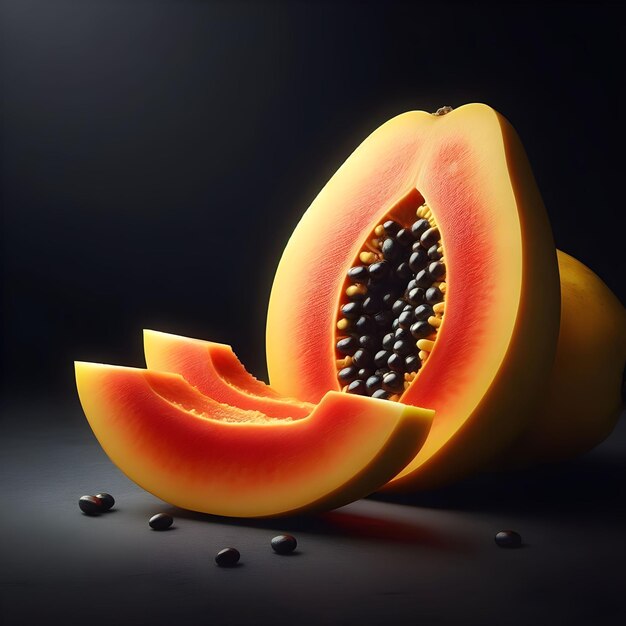 tranches de fruits de papaye sur surface noire avec un fond sombre