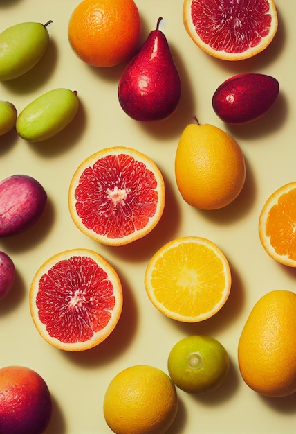 Tranches de fruits en tranches Composition de l'assortiment de différents fruits pommes oranges et autres fruits