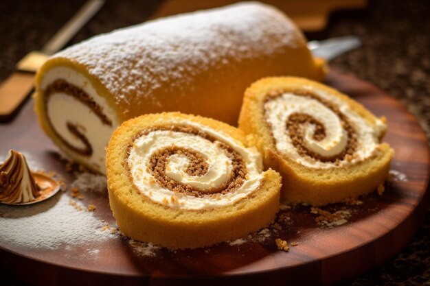 Des tranches de gâteau suisse sur une planche de bois