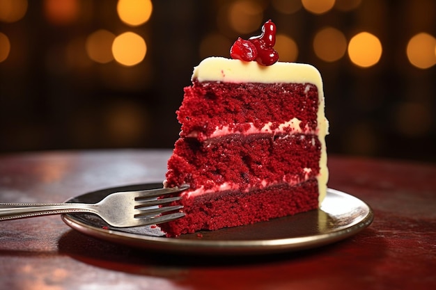 Photo des tranches de gâteau de velours rouge servies avec une tasse de thé chaud