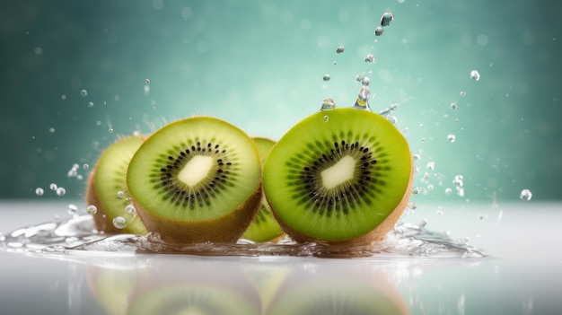 Des tranches de kiwi dans un éclaboussure d'eau