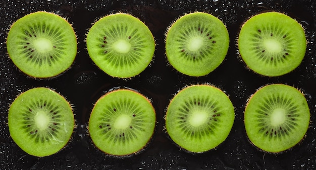 Tranches de kiwi dans des gouttes d'eau sur fond noir. Concept de fruits.