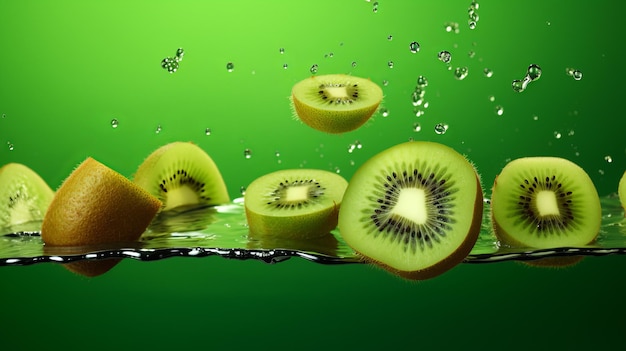 Des tranches de kiwi délicieuses tombent sur une table vert clair