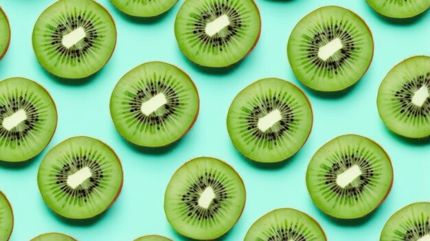 Tranches de kiwi et feuilles de menthe verte sur fond bleu pastel clair