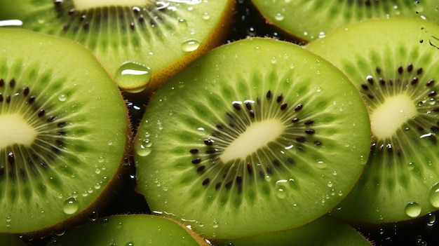 tranches de kiwi avec fond d'eau gros plan gouttes d'eau