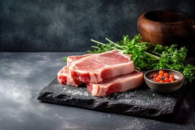 Tranches de longe de porc cru aux herbes et épices sur fond noir Generative AI