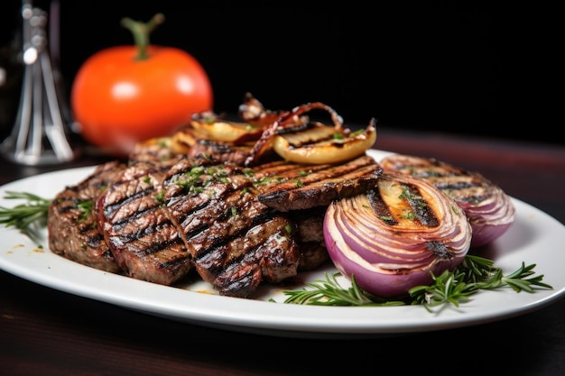 Photo tranches d'oignon grillées servies avec un steak juteux sur une assiette blanche