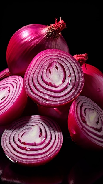 Photo des tranches d'oignon vibrantes dans un style très contrasté