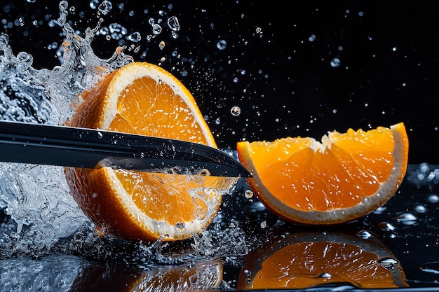 Des tranches d'orange avec un couteau et des gouttes d'eau et des éclaboussures sur des natures mortes sombres et bleues.