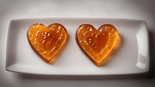 Des tranches d'orange en forme de cœur sur une assiette blanche sur un fond blanc