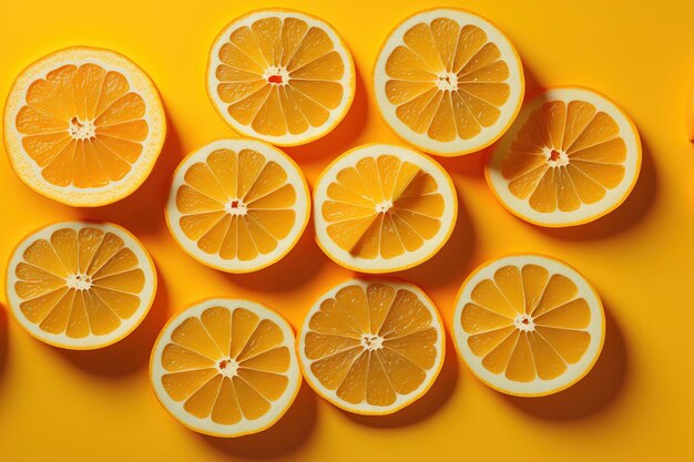 Tranches d'orange fraîches dans un fruit sur fond jaune regardant vers le haut Espace copié Idée originale d'été de style Pop art Moitiés d'agrumes présentées dans une simple bannière à plat