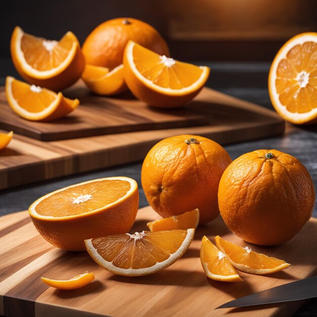 Photo tranches d'orange sur une planche à couper en bois avec la cuisine