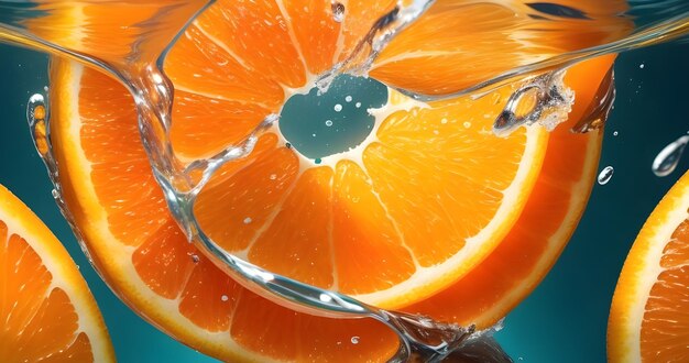 Tranches d'orange tombant profondément sous l'eau avec éclaboussures