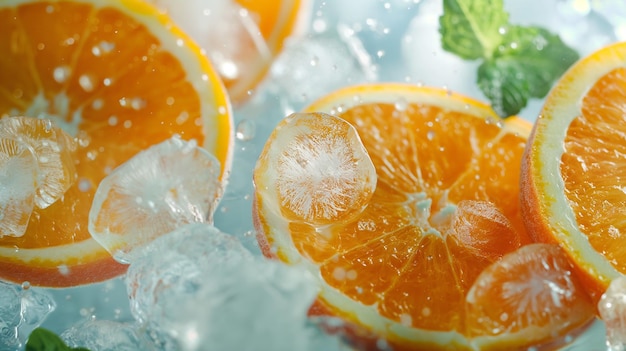 Des tranches d'orange vibrantes avec de la glace et de la menthe