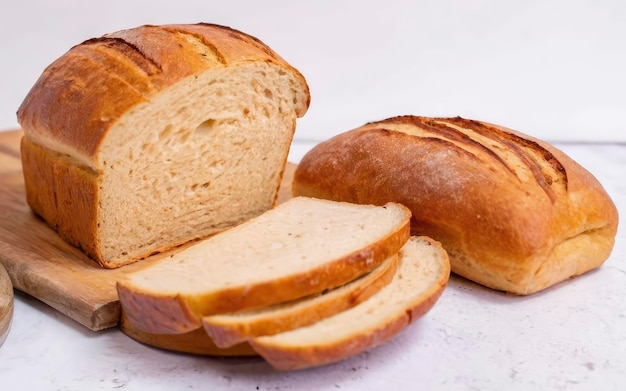 Des tranches de pain et une délicieuse tranche de pain au levain sur un fond blanc isolé