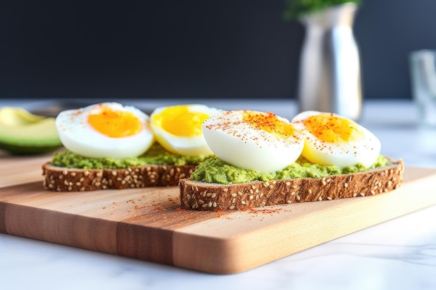 Tranches de pain grillé à l'avocat garnies d'œufs pochés parfaits à la lumière de la fenêtre