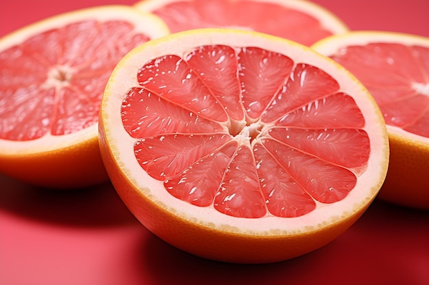 les tranches de pamplemousse et les citrons sont placés sur du rose