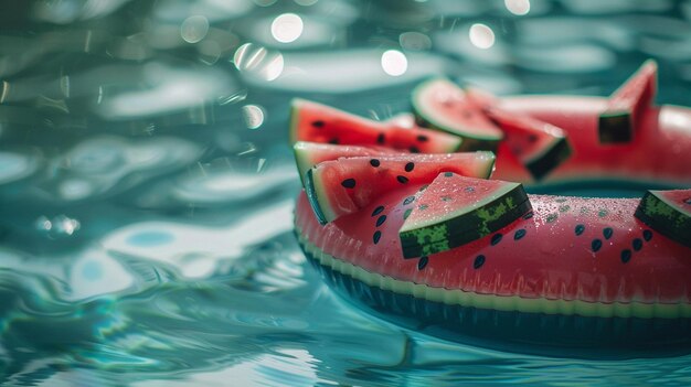 Photo des tranches de pastèque flottantes dans la piscine scène de piscine d'été flottante