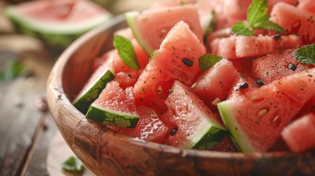 Des tranches de pastèque fraîche dans un bol en bois rustique, une collation juteuse de fruits d'été.