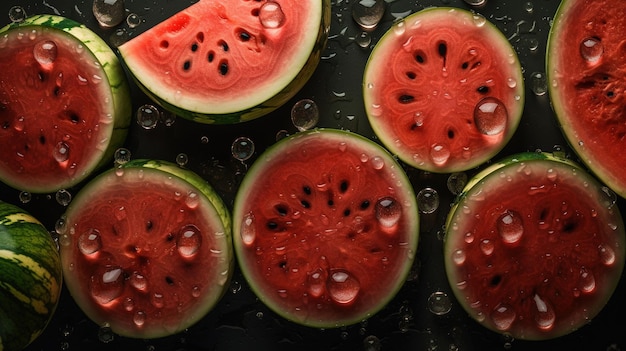 Tranches de pastèque sur un plateau avec des gouttelettes d'eau dessus