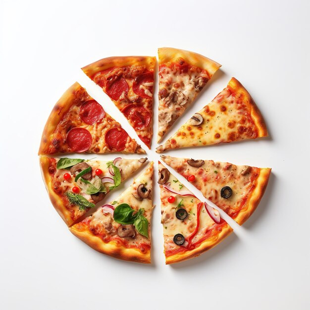 tranches de pizza ronde fraîche avec de la viande de poulet, des légumes, des champignons et du fromage en vue du haut sur un blanc