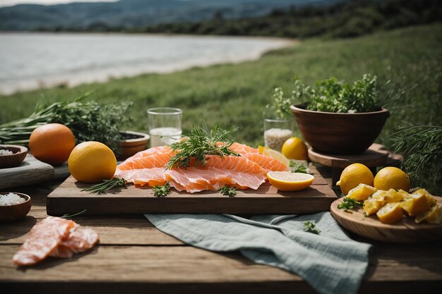 tranches de poisson cru avec de la glace sur une planche de bois, sel de mer dans un petit bol de légumes sur la table