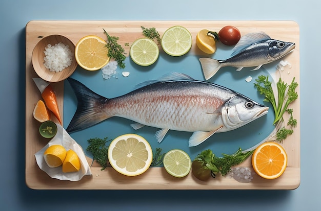 tranches de poisson cru avec de la glace sur une planche de bois, sel de mer dans un petit bol de légumes sur la table