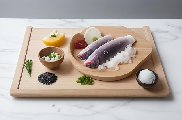 tranches de poisson cru avec de la glace sur une planche de bois, sel de mer dans un petit bol de légumes sur la table