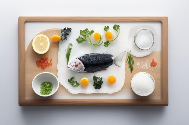 tranches de poisson cru avec de la glace sur une planche de bois, sel de mer dans un petit bol de légumes sur la table