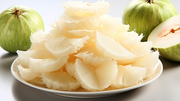 Tranches de pomelo pelées sur table blanche