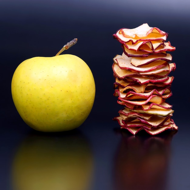 Tranches de pomme séchée et pomme fraîche sur fond sombre