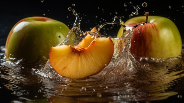 Des tranches de pommes dans un éclaboussure d'eau