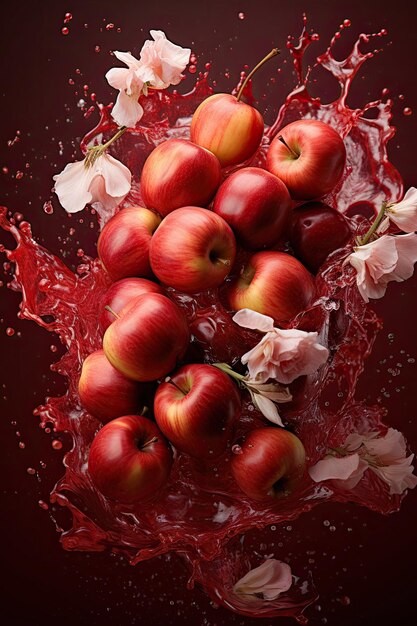 des tranches de pommes rouges tombant sur une table rouge clair fond rouge foncé