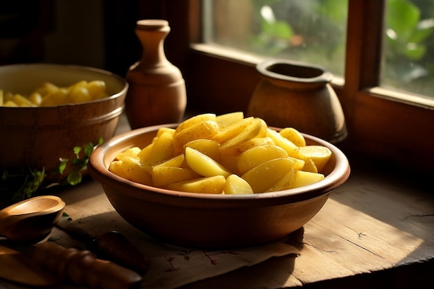 Tranches de pommes de terre rustiques dans un plat profond près de la fenêtre