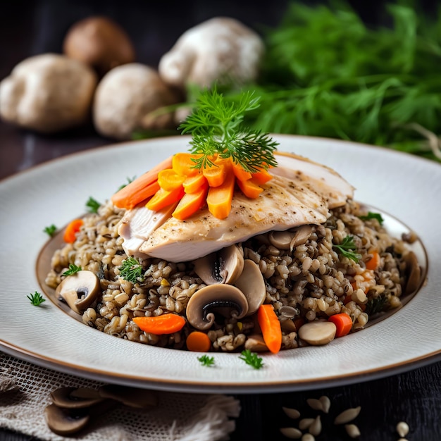 Des tranches de poulet avec du riz avec des noix