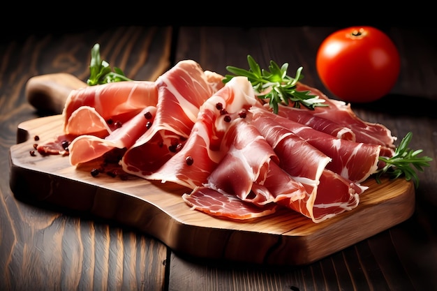 Tranches de prosciutto sur une planche de bois