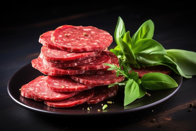 Des tranches de salami avec du basilic sur fond blanc