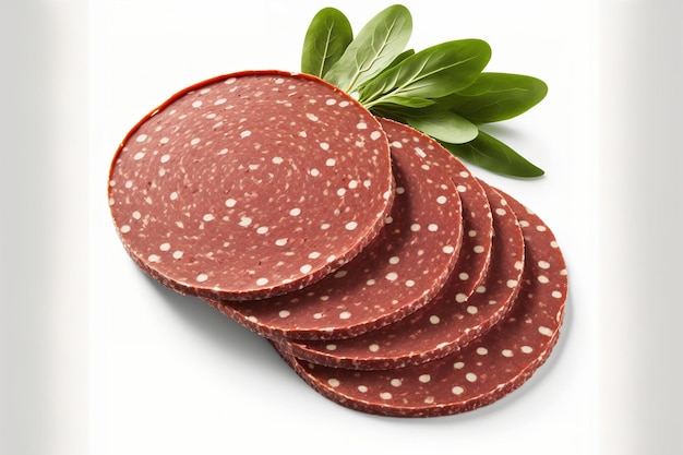 Tranches de salami fumé sur fond blanc